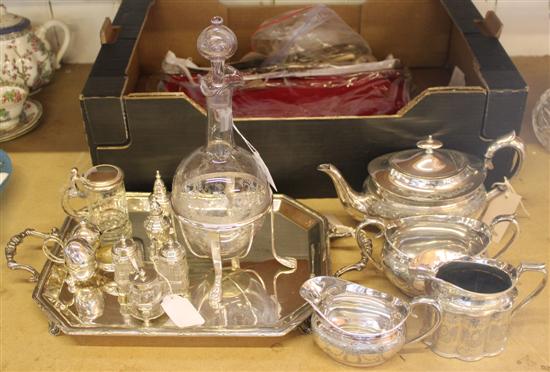Quantity plated items, inc Community canteen, presentation tray, tea ware, decanter with stand, condiments, misc flatware, etc